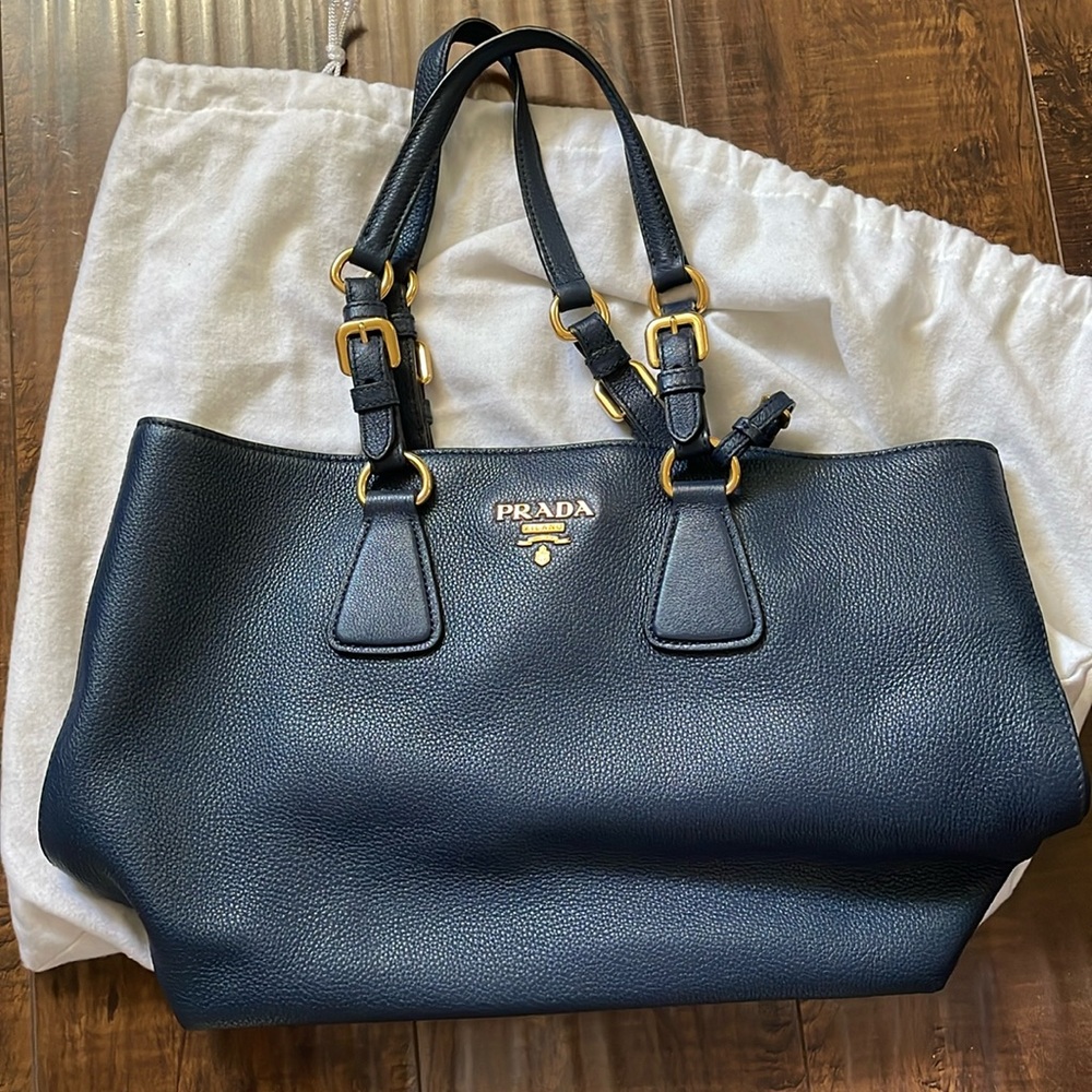 Prada Navy Blue Vitello Daino Leather tote